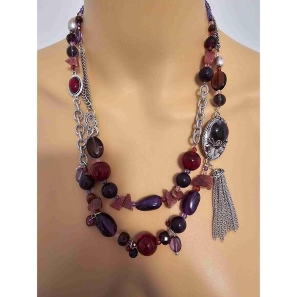 Coldwater Creek Red Purple Silver Beaded Multi Strand Necklace - Picture 13 of 14